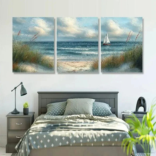 3pcs Beach Scene With Ocean Sailboat Metal Print Ready to Hang Art