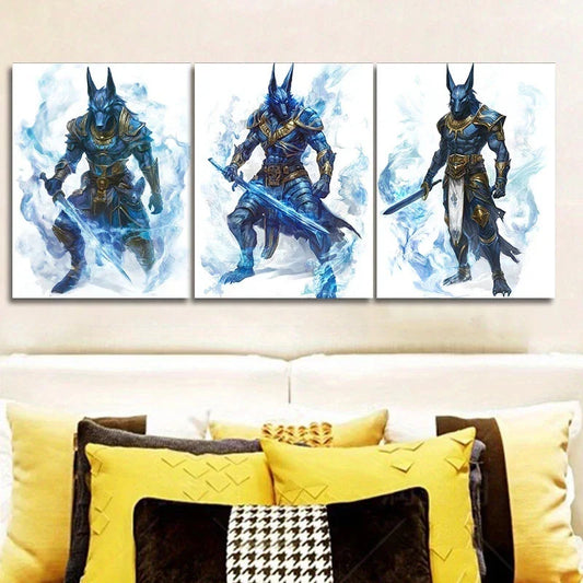 3pcs Anubis In Blue Armor Adventure Metal Print Ready to Hang Art