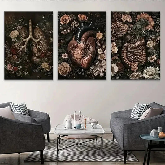 3pcs Anatomy Flower Human Organs Gothic Vintage Metal Print Ready to Hang Art