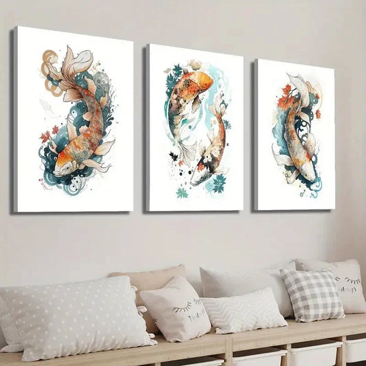 3pcs Japanese Bright Koi Carp Wall Art Set Canvas Framed 40x60cm - High Quality Print 100% Australian Made Wall Canvas Ready to Hang