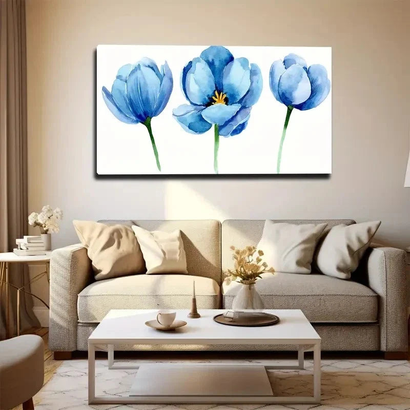 Three Blue Poppies Wall Art Canvas Office Home Room Framed 80x45cm