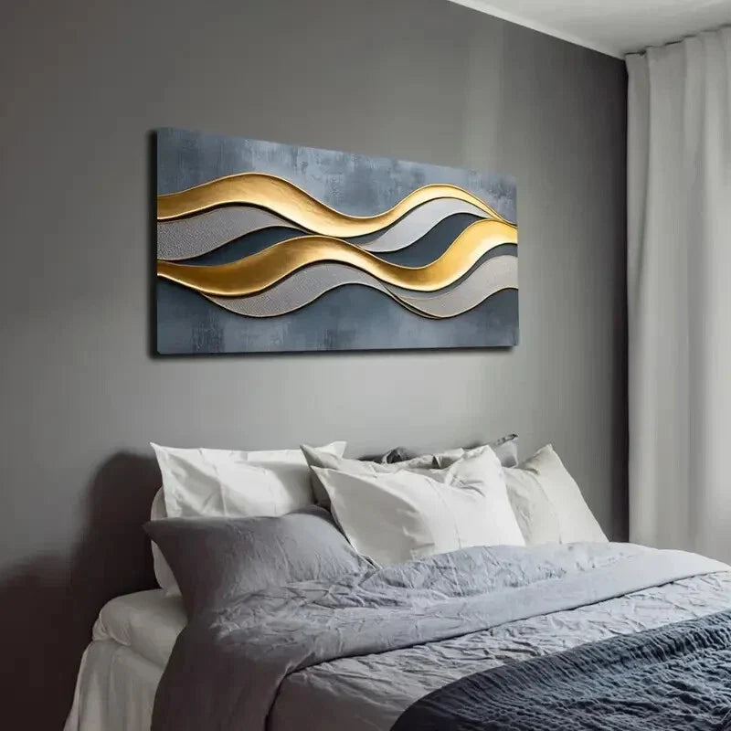 Fluid Golden Lines on Blue Wall Art Canvas Office Home Room Framed 120x60cm