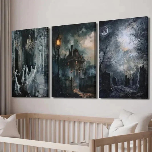 3pcs Retro Haunted Halloween Mansion Wall Art Set Canvas Framed 40x60cm - High Quality Print 100% Australian Made Wall Canvas Ready to Hang