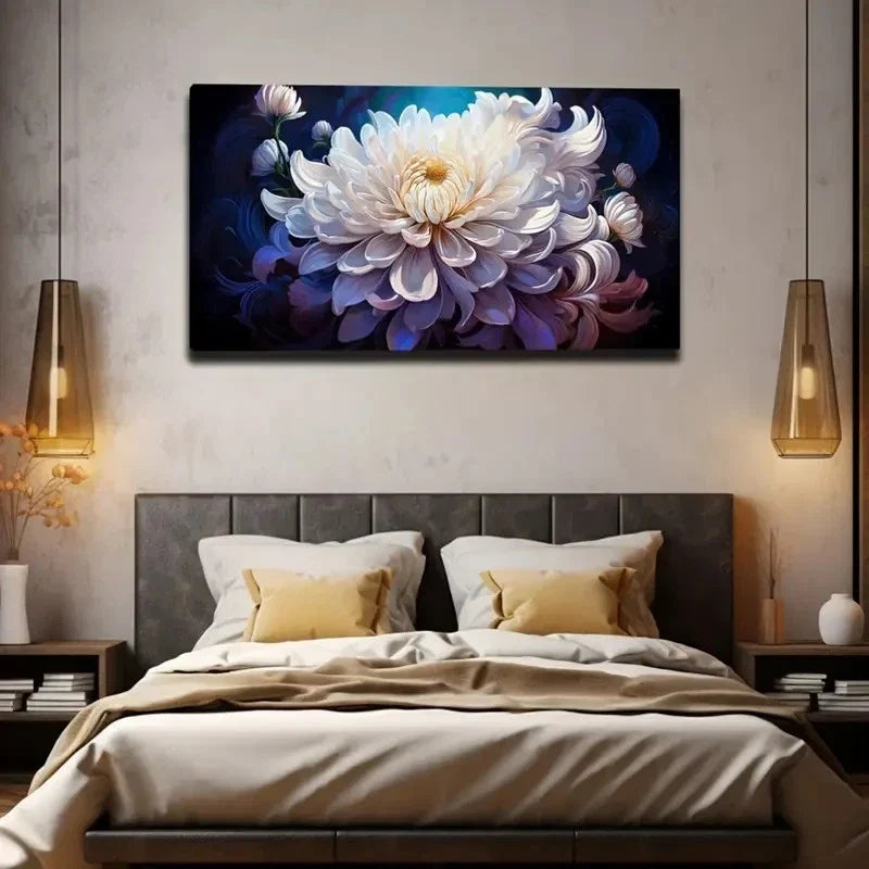 Elegant White Chrysanthemum Wall Art Canvas Office Home Room Framed 80x45cm