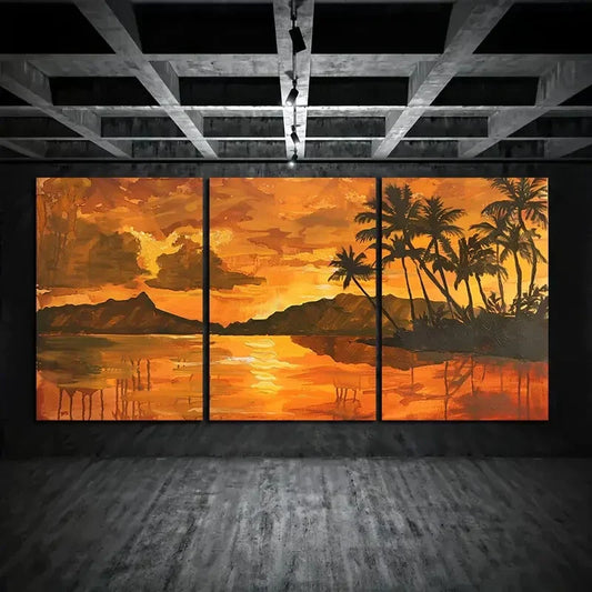 3pcs Set Sunset & Palm Tree Silhouette Vibrant Metal Print Ready to Hang Art