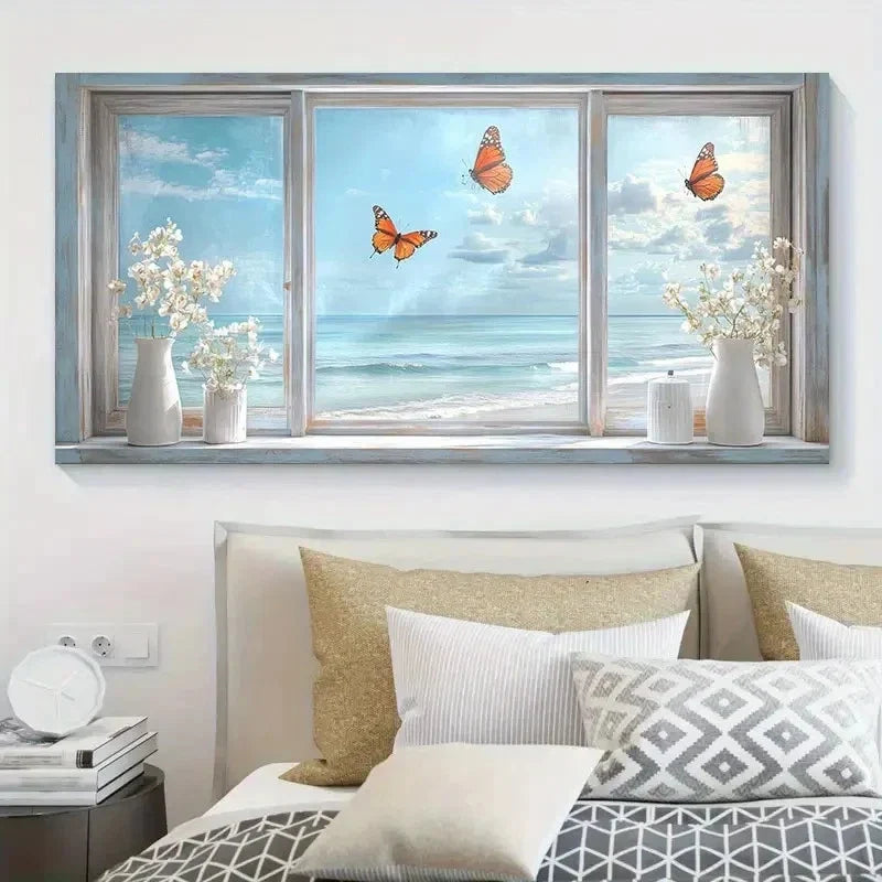 Ocean View With Butterflies Wall Art Canvas Office Home Room Framed 120x60cm