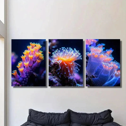3pcs Underwater Coral and Marine Life, Luminous  Metal Print Ready to Hang Art