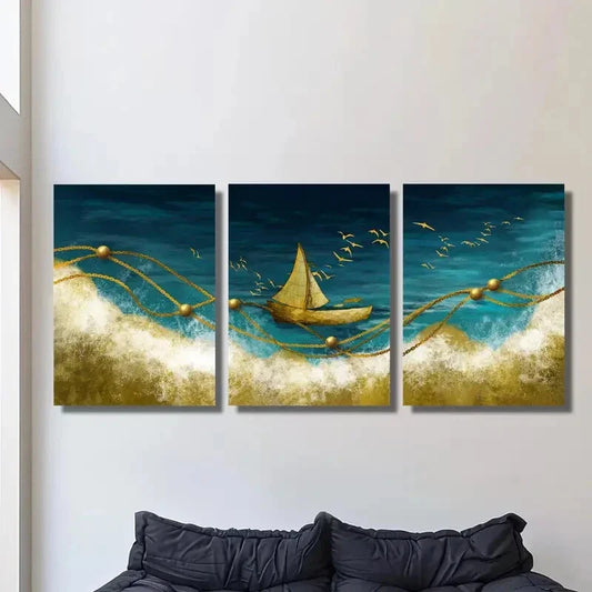 3pcs Ocean scenery, golden sailboat, smooth sail Metal Print Ready to Hang Art