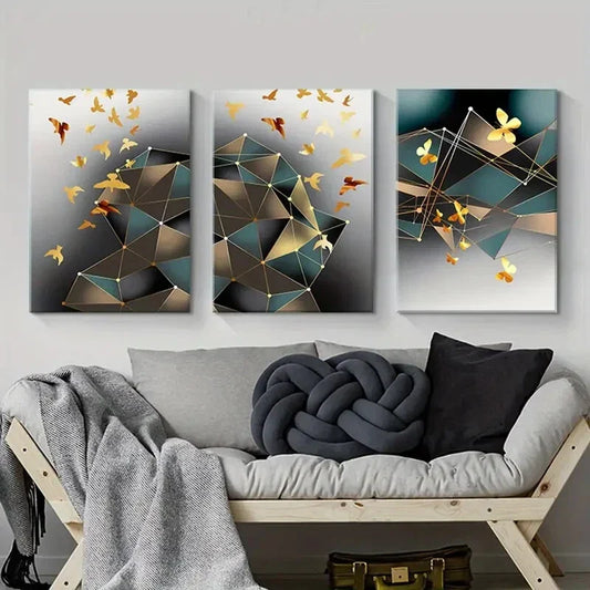 3pcs Golden Geometric and Butterfly Metal Print Ready to Hang Art