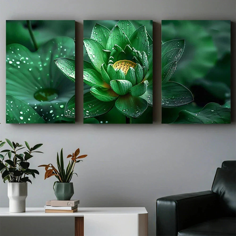 3pcs Green Lotus And Water Droplet Patterns Metal Print Ready to Hang Art