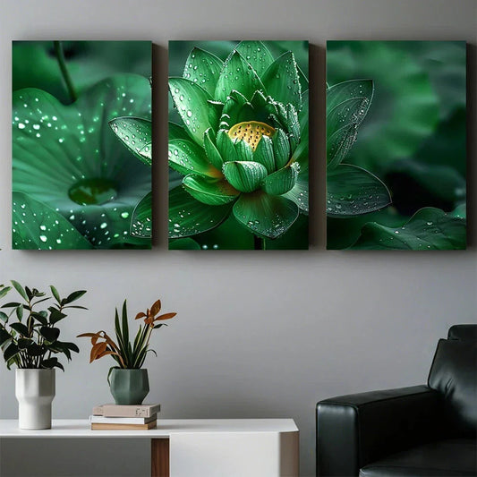 3pcs Green Lotus And Water Droplet Patterns Metal Print Ready to Hang Art