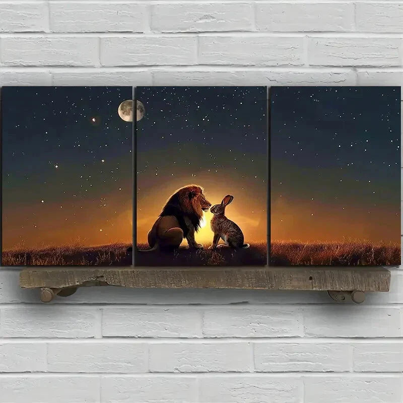 3pcs Lion Rabbit Sunset Moon Grasses Metal Print Ready to Hang Art