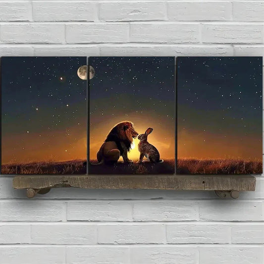 3pcs Lion Rabbit Sunset Moon Grasses Metal Print Ready to Hang Art