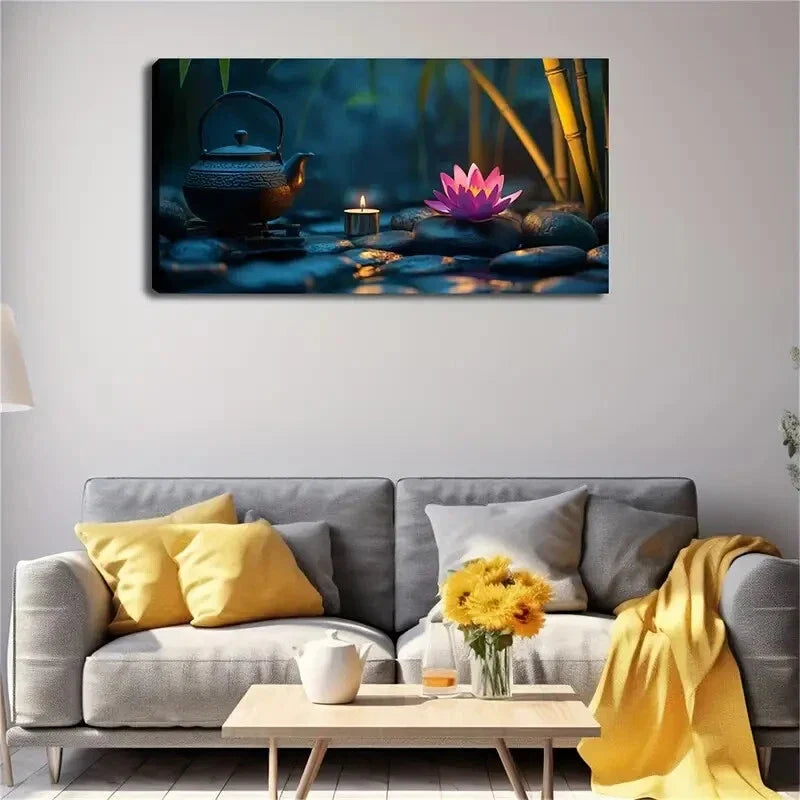 Tranquil Zen Garden with Bamboo Wall Art Canvas Office Home Room Framed 80x45cm
