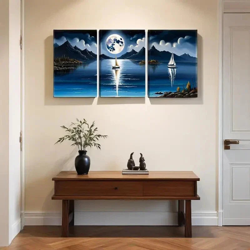 3pcs Teal Ocean with Sailboats & Mountains Metal Print Ready to Hang Art
