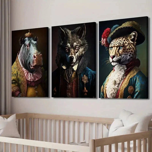 3pcs Hippopotamus Lion Cheetah Wearing Clothes Wall Art Set Canvas Framed 40x60cm - High Quality Print 100% Australian Made Wall Canvas Ready to Hang