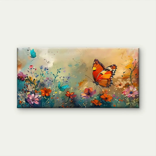 Vibrant Butterfly & Floral Wall Art Canvas Office Home Room Framed 80x45cm