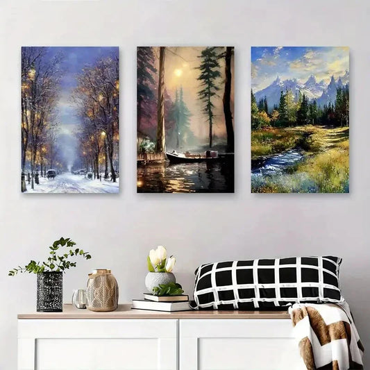 3pcs Winter Snowy Path, Serene Boat on Lake Metal Print Ready to Hang Art