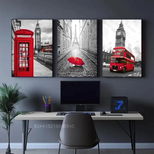 3pcs Black and white buildings, red vehicles, Metal Print Ready to Hang Art