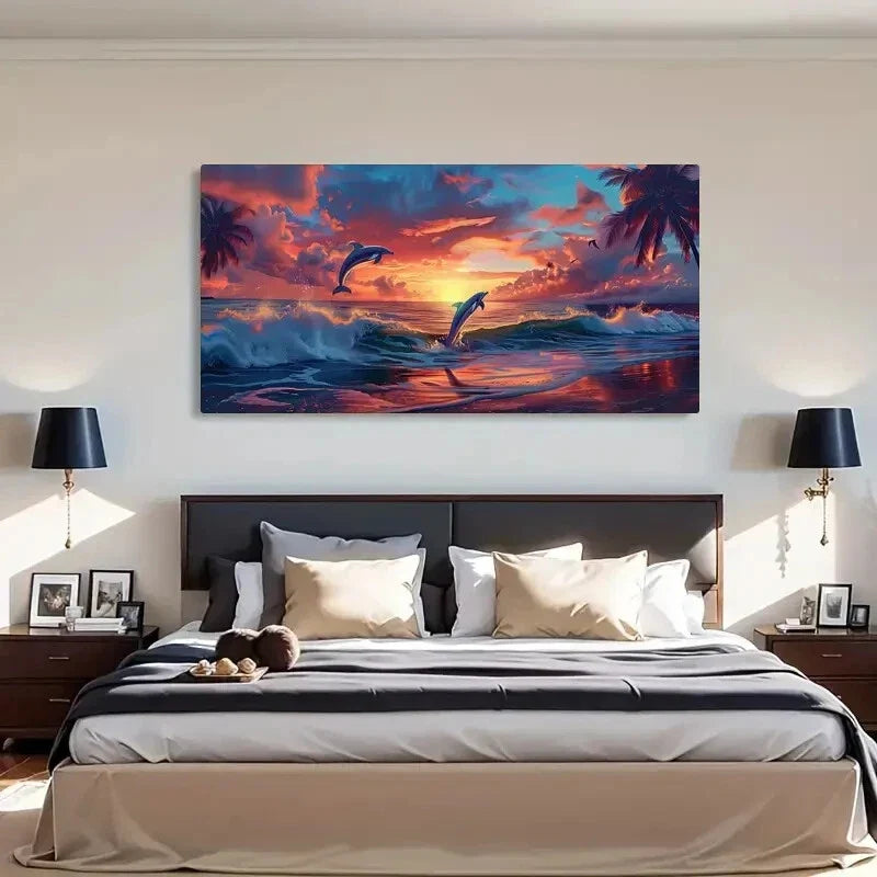 Sunrise Seascape Dolphin Marine Wall Art Canvas Office Home Room Framed 120x60cm