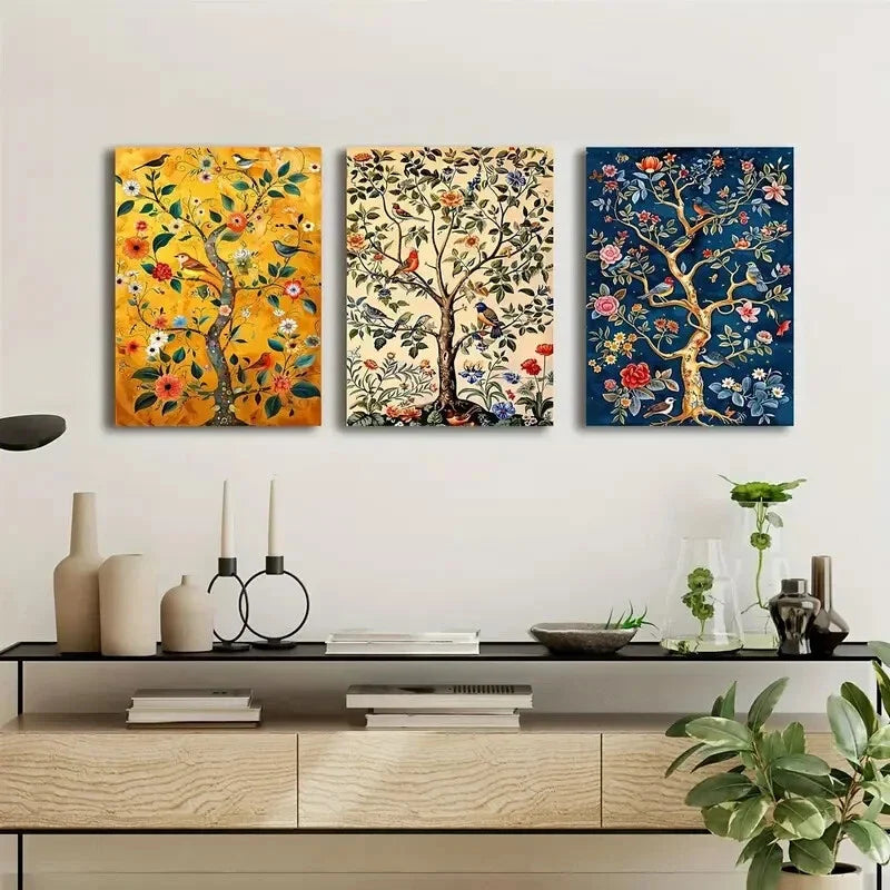 3pcs Tree Life And Song Bird Stained  Metal Print Ready to Hang Art