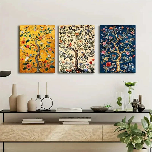 3pcs Tree Life And Song Bird Stained  Metal Print Ready to Hang Art