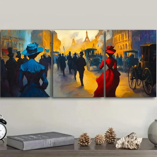 3pcs  People in the Market Art Painting Metal Print Ready to Hang Art