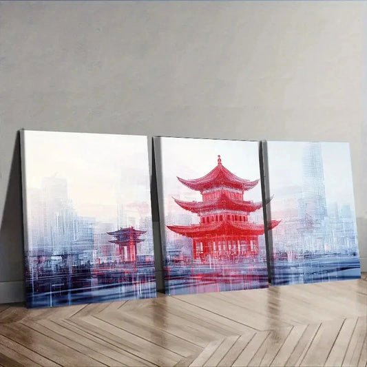 3pcs Chinese-style tower Traditional Wall Art Set Canvas Framed 40x60cm - High Quality Print 100% Australian Made Wall Canvas Ready to Hang