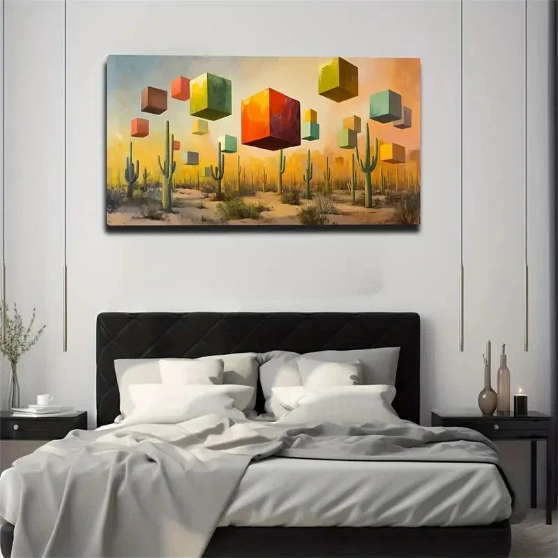 Abstract Cactus And Cube Wall Art Canvas Office Home Room Framed 120x60cm