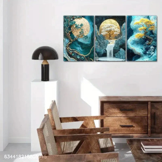 3pcs Golden Tree and Moon, Golden Moon Metal Print Ready to Hang Art