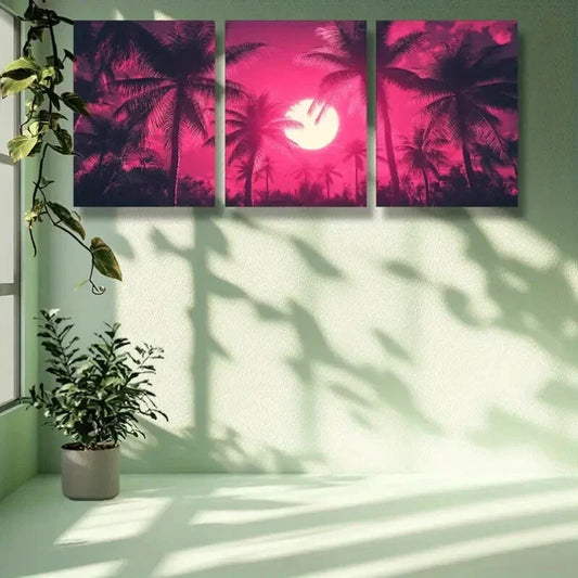 3pcs Vibrant Pink Palm Tree & Moon Night SceneMetal Print Ready to Hang Art