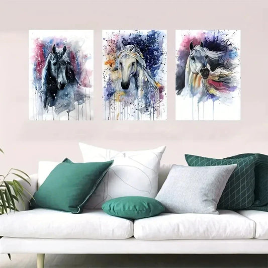 3pcs Abstract Horse with Ink Splatter Metal Print Ready to Hang Art