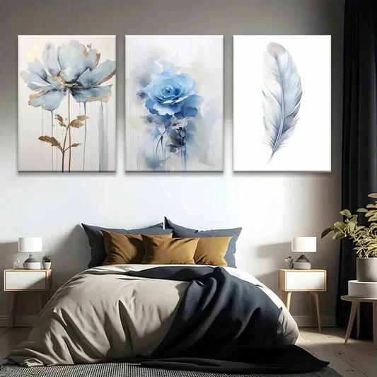 3pcs Elegant Floral & Feather Designs Wall Art Set Canvas Framed 40x60cm - High Quality Print 100% Australian Made Wall Canvas Ready to Hang