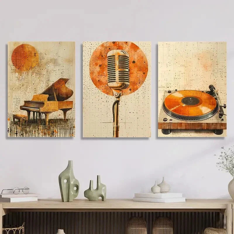 3pcs   Golden Piano, Microphone & Vinyl   Art Metal Print Ready to Hang Art