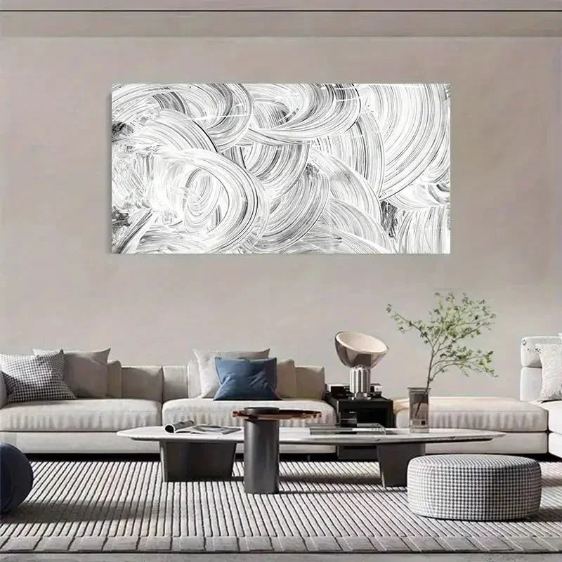 White Stain Design Swirl Wall Art Canvas Office Home Room Framed 120x60cm