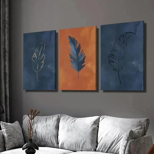 3pcs Luxury Blue and Orange Feather Wall Art Set Canvas Framed 40x60cm - High Quality Print 100% Australian Made Wall Canvas Ready to Hang