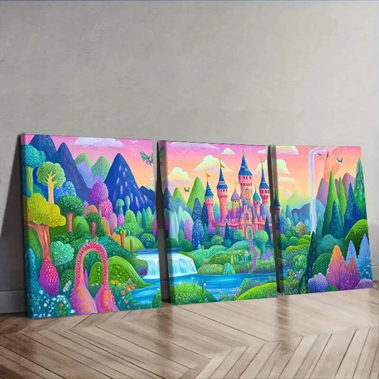 3pcs Charming old castle Wall Art Set Canvas Framed 40x60cm - High Quality Print 100% Australian Made Wall Canvas Ready to Hang