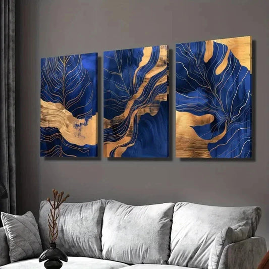 3pcs Blue and Golden Leaf and Turtle Design Wall Art Set Canvas Framed 40x60cm - High Quality Print 100% Australian Made Wall Canvas Ready to Hang