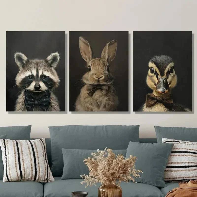 3pcs Portraits of Raccoon, Rabbit, Duckling Metal Print Ready to Hang Art