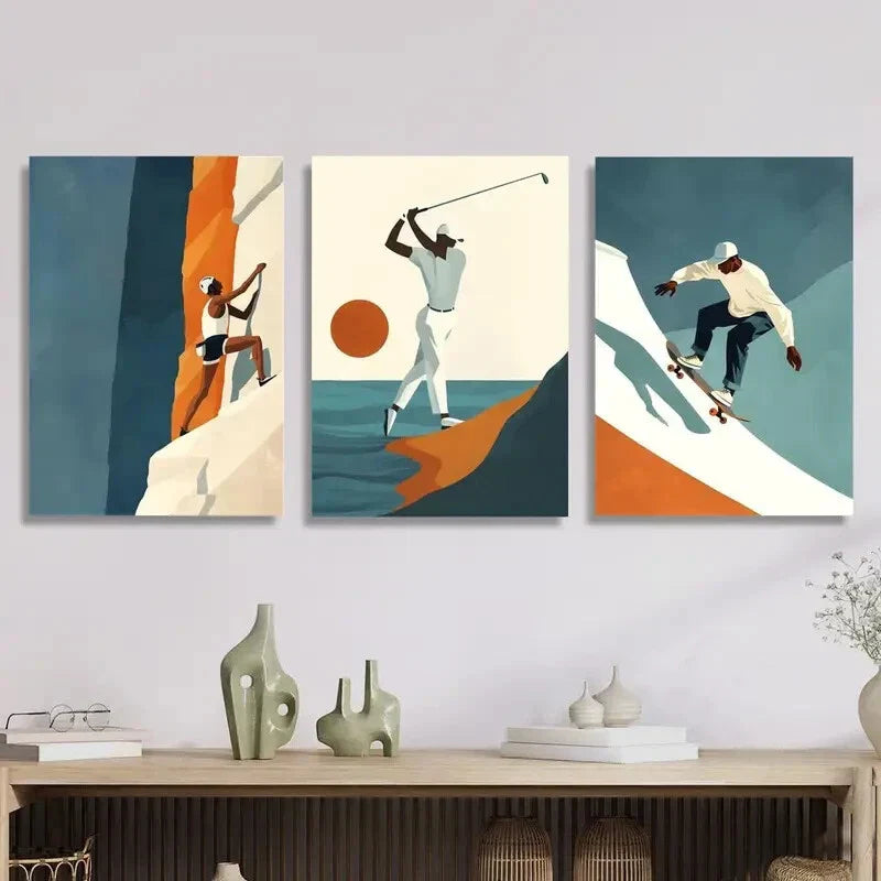 3pcs Climbing, Golf, Skateboarding IllustrationsMetal Print Ready to Hang Art
