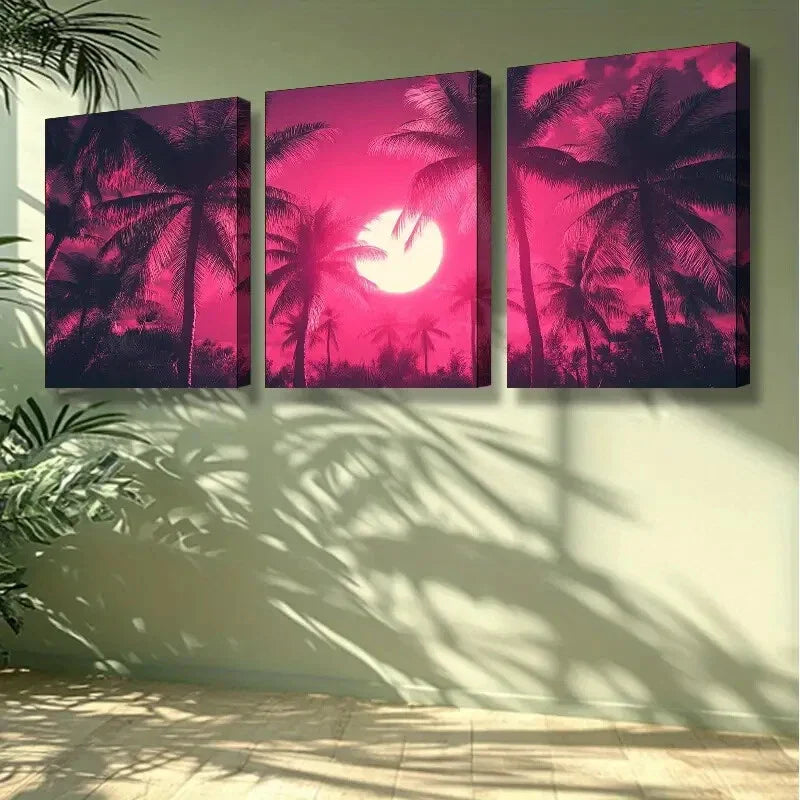 3pcs Vibrant Pink Palm Tree & Moon Night Wall Art Set Canvas Framed 40x60cm -High Quality Print 100% Australian Made Wall Canvas Ready to Hang