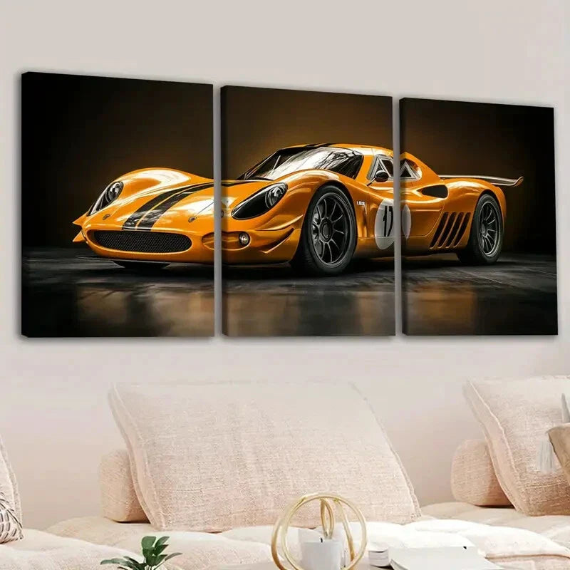 3pcs Abstract Yellow Sport Car Black Gold White Wall Art Set Canvas Framed 40x60cm - High Quality Print 100% Australian Made Wall Canvas Ready to Hang