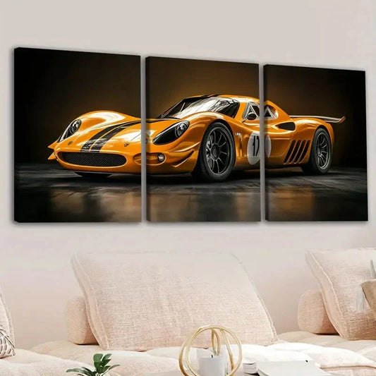 3pcs Abstract Yellow Sport Car Black Gold White Wall Art Set Canvas Framed 40x60cm - High Quality Print 100% Australian Made Wall Canvas Ready to Hang