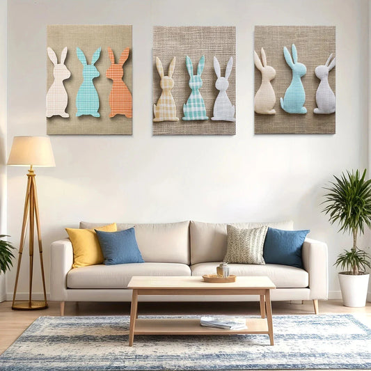 3pcs White Blue & Orange Bunnies Elegant Metal Print Ready to Hang Art