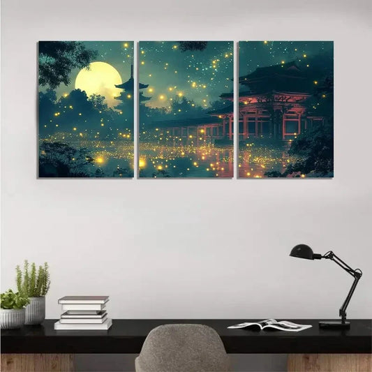 3pcs Glowing Fireflies & Asian Pagoda Design   Wall Art Set Canvas Framed 40x60cm - High Quality Print 100% Australian Made Wall Canvas Ready to Hang
