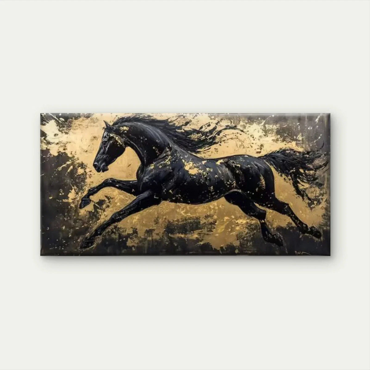Abstract Horse Black, Golden Wall Art Canvas Office Home Room Framed 80x45cm