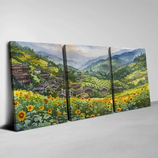 3pcs Mountain Village with Sunflower Field View Wall Art Set Canvas Framed 40x60cm - High Quality Print 100% Australian Made Wall Canvas Ready to Hang