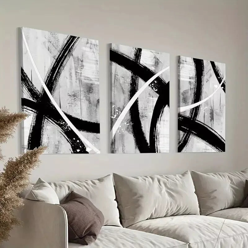 3pcs Black Gray White Geometric Paint Canvas Framed 40x60cm - High Quality Print 100% Australian Made Wall Canvas Ready to Hang