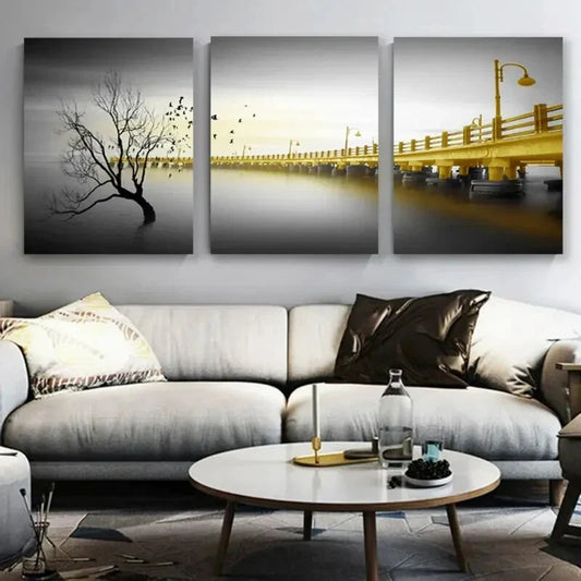 3pcs Golden Bridge and Silhouette Bird Tree Metal Print Ready to Hang Art