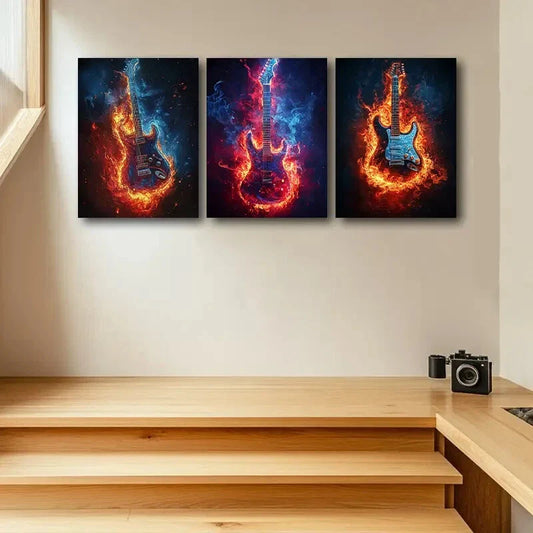3pcs Vibrant Blue & Orange Electric Guitars Metal Print Ready to Hang Art